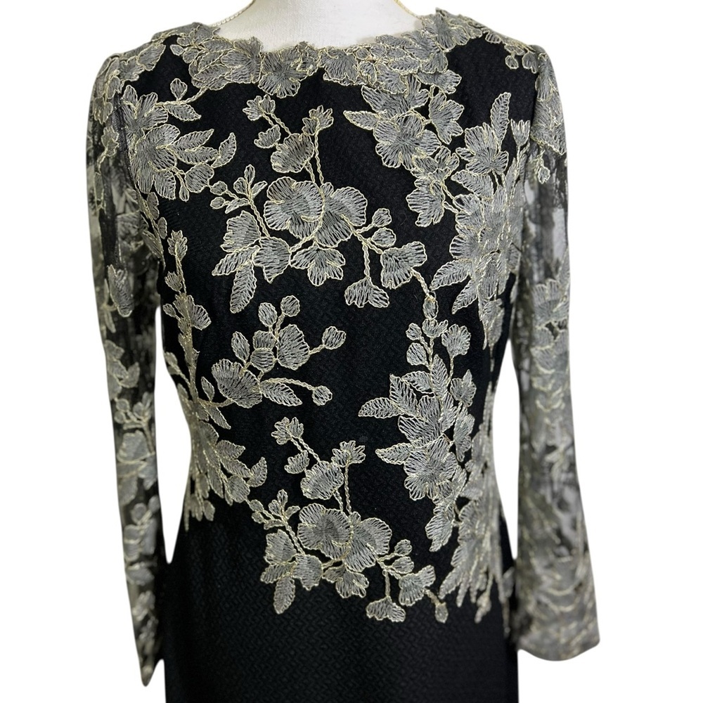 Tadashi Shoji Size 8 Black Lace Embroidered Dress Long Textured - Picture 4 of 16